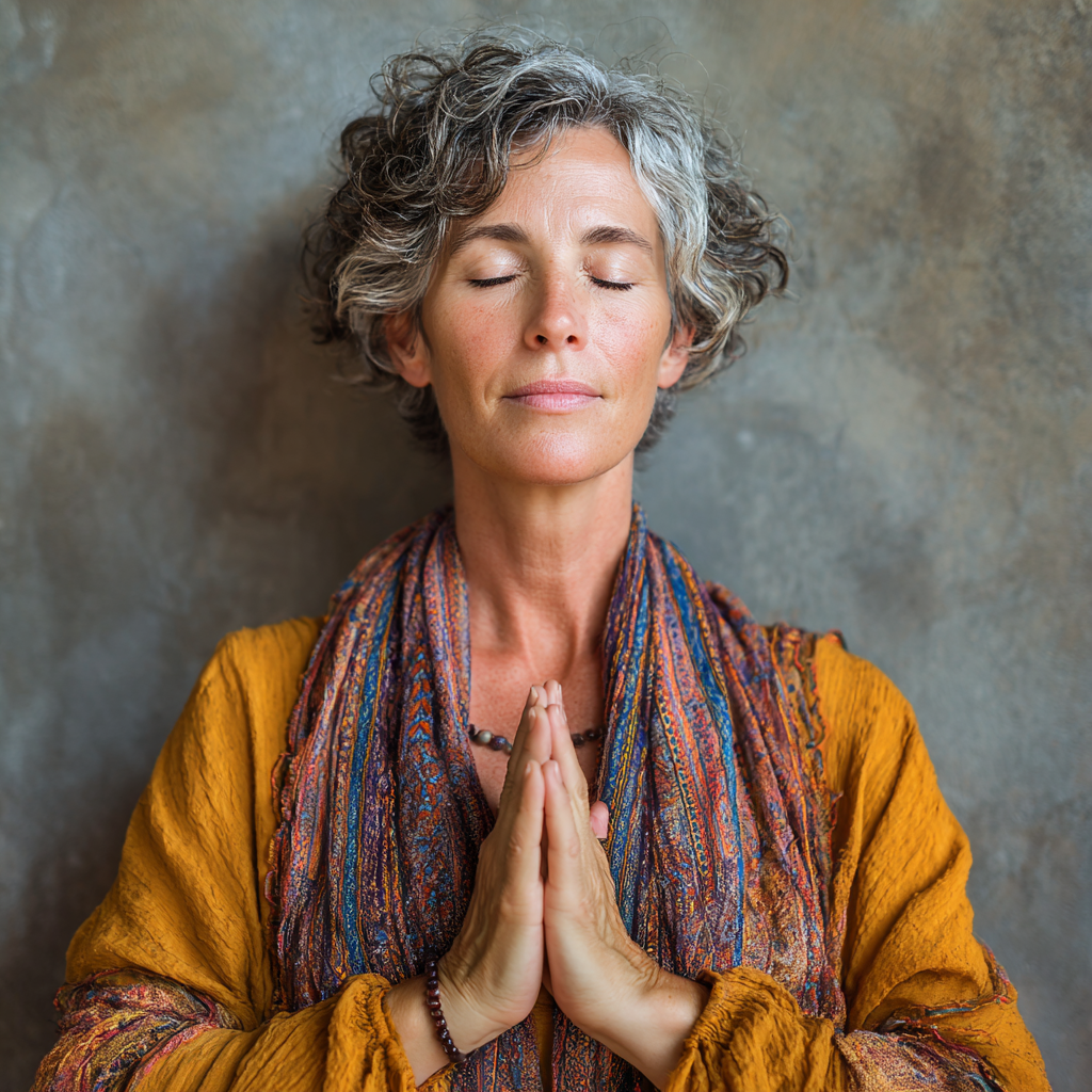 peaceful 50 years old woman in meditation posture with serene expression